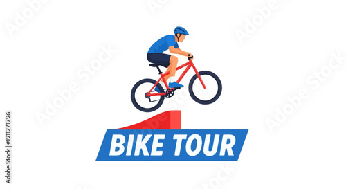 Dynamic Mountain Biker Performing A Jump Above A Bike Tour Banner