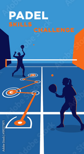 Dynamic Padel Court With Players Practicing Shots On Blue Background