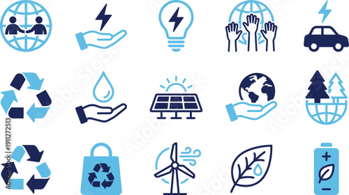 Sustainability, renewable, energy, icons, set, eco, friendly, environment, green, power, recycling, solar, wind, water, conservation, global, ecology, illustration, design