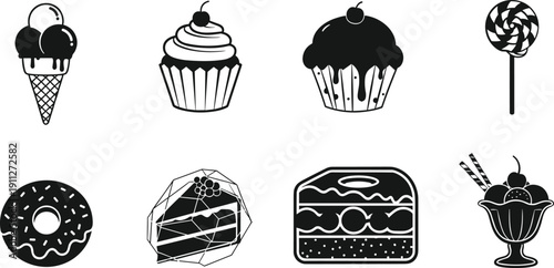Sweet dessert icon set, ice cream, cupcake, donut, candy, cake, pastry, and pudding vector illustration for bakery design