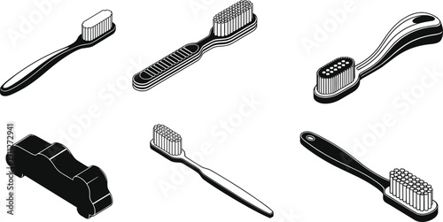 Toothbrush vector set, dental hygiene equipment, oral care accessory collection, black silhouette toothbrush design, personal health cleaning tool illustration