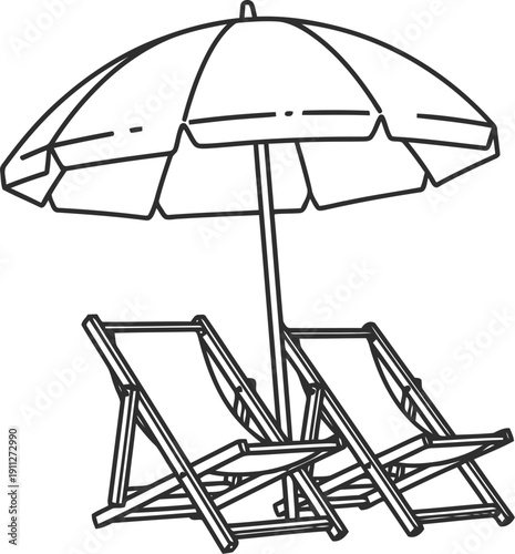Sketch of two beach chairs and umbrella on a white background