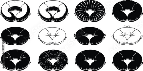 Travel neck pillow vector illustration, black and white comfort cushion design, ergonomic support accessory, soft sleep rest airplane essential art