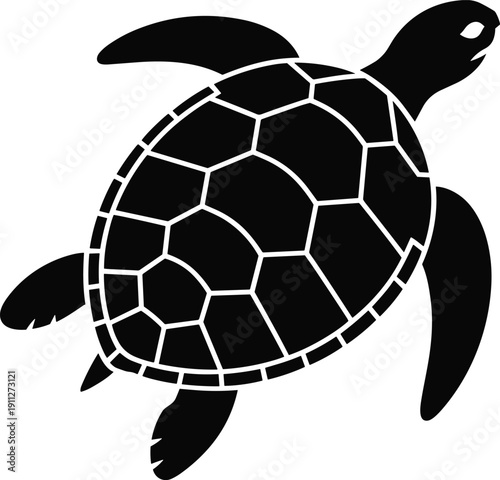 Black and white silhouette illustration of sea turtle from top‑down perspective with detailed polygonal shell pattern, flippers extended, and marine design