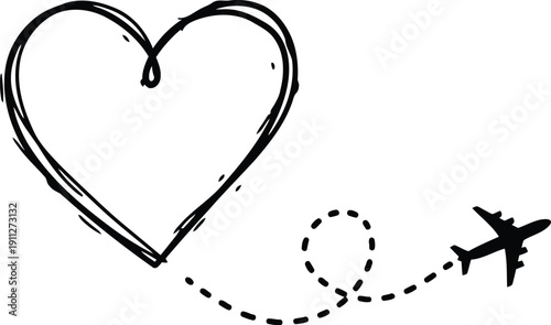 Hand drawn heart with airplane trail symbolizing love and travel