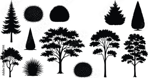 Tree and bush silhouettes set, forest plants collection, black and white nature elements, landscape vector illustration isolated design clipart graphic