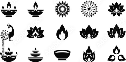 Traditional Diwali symbols silhouette icon set, including diya lotus peacock floral and fire elements isolated on white background vector illustration