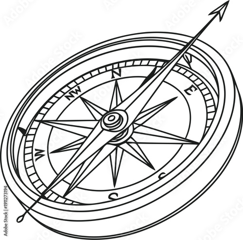 Vintage nautical compass rose drawing with detailed markings