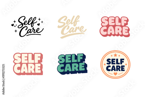 Diverse self care text designs in various fonts and styles
