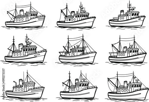 Collection of nine hand drawn fishing trawler boat illustrations
