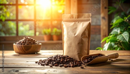 Coffee beans spilled beside a brown paper bag on a wooden table with a scoop and bowl near a sunny window