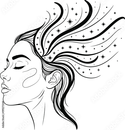 Ethereal woman s profile with starry flowing hair design