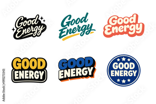 Variety of vintage style good energy logos with bold colors and typography