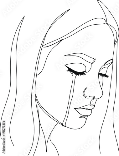 Sad woman crying tears in a simple line drawing portrait