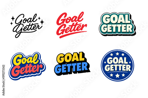 Set of colorful goal getter logos with bold typography and unique designs