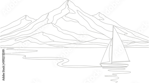 Serene mountain lake scenery with a single sailboat sketch
