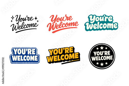 Colorful variations of you're welcome text in different fonts and styles