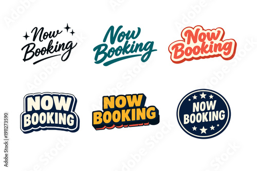 Colorful now booking logos in various styles and fonts