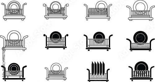 Vector illustration of kitchen dish racks, drying stands, plate holders, utensil organizers, modern kitchen accessories, black and white design icons, household tools