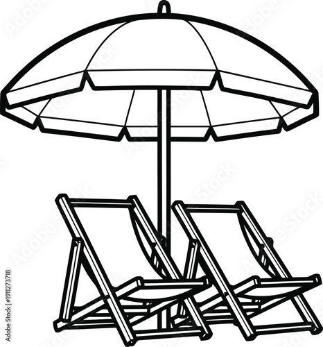 Two beach chairs and umbrella illustration for relaxation and vacation