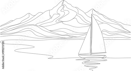 Sailboat on calm water with majestic mountains in background sketch