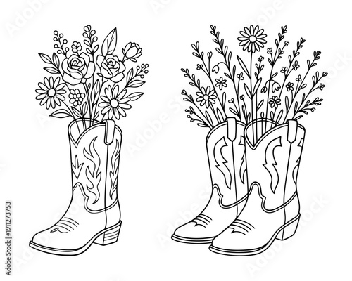 Cowboy boots with wildflowers. Line art illustration.
