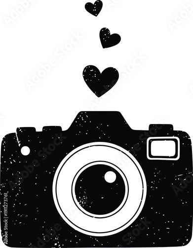 Hand drawn camera with hearts floating upwards illustration