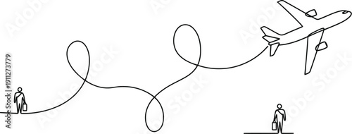 Airplane s winding journey connects two tiny figures on white background