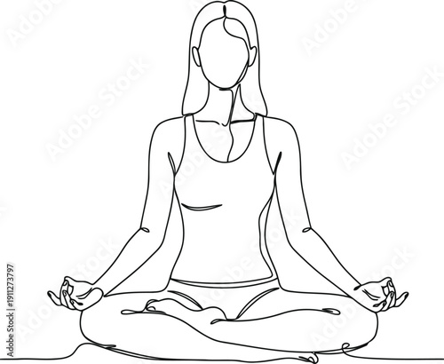 Minimalist line drawing of a woman meditating in a lotus pose