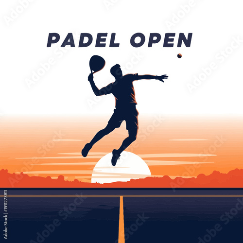 Dynamic Padel Open Silhouette Displaying Athleticism Against Sunset Sky in Sporty Design