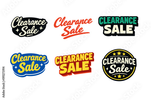 Colorful clearance sale logos set in various styles and fonts