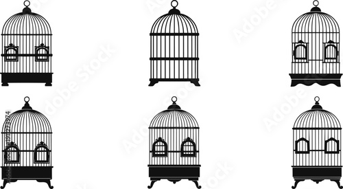 Vintage birdcage silhouette vector collection, elegant black and white cage design set, antique aviary illustration for home decor art