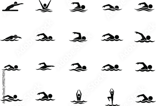 Collection of silhouette icons representing various swimming strokes and actions