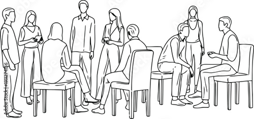 Sketch of a group of people gathered around tables