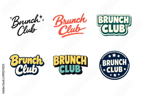 Colorful brunch club logo designs in varied fonts and styles