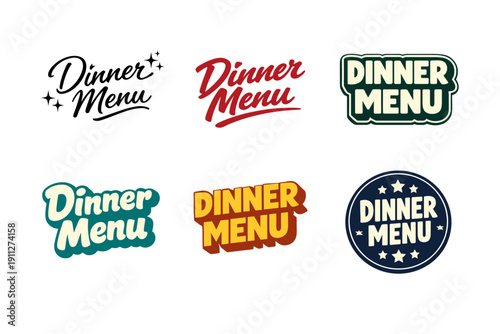 Variety of vintage and modern dinner menu logos in different styles and colors