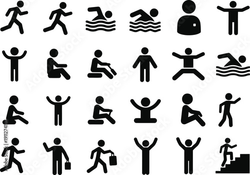 Diverse human silhouette icons representing various activities and poses