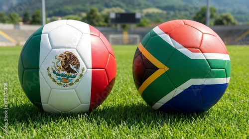 Two soccer balls featuring mexican and south african flags on a grass field