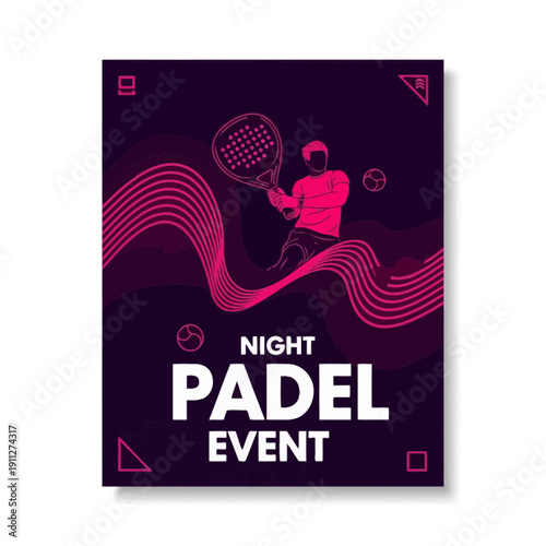 Dynamic Padel Player Silhouette In Action Graphic Design Template For Night Sports Event Promotion