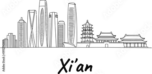 Sketch of xi an skyline with modern buildings and traditional architecture