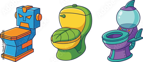 Cartoon toilet robots in different colors and designs  blue robot orange details  green toilet with watermelon  purple space toilet