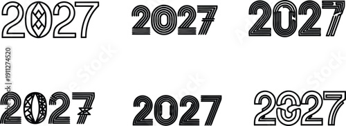 Collection of different black line art designs for the year 2027 in various decorative fonts and patterns  isolated on transparent background