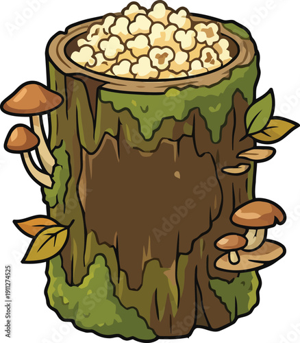 Cartoon tree stump with mushrooms and green moss on white background