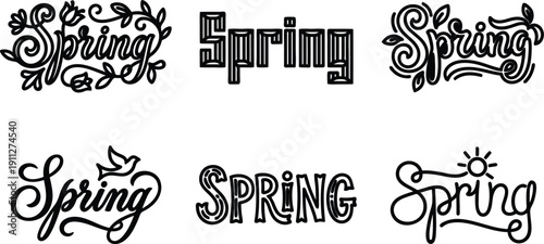 Collection of spring text graphics with various decorative styles and fonts  seasonal typography designs
