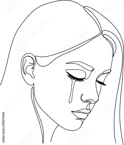 Line art drawing of a young woman crying tears of sadness