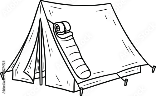 Hand drawn sketch of a camping tent with a sleeping bag inside