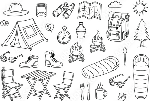 Hand drawn camping gear and outdoor adventure essentials collection