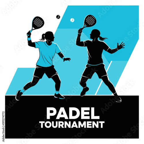 Dynamic Padel Tournament Illustration: Players in Action with Graphic Elements and Bold Design