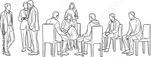 Sketch of diverse people gathered in a casual meeting or discussion
