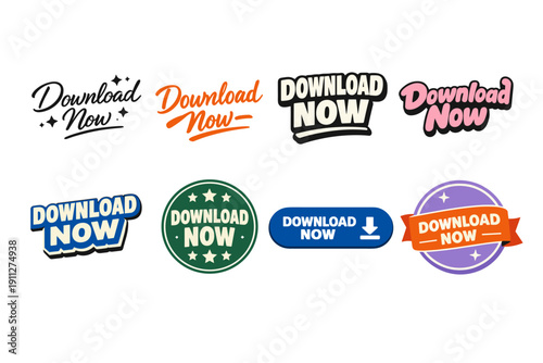 Colorful download now button designs in various styles and fonts